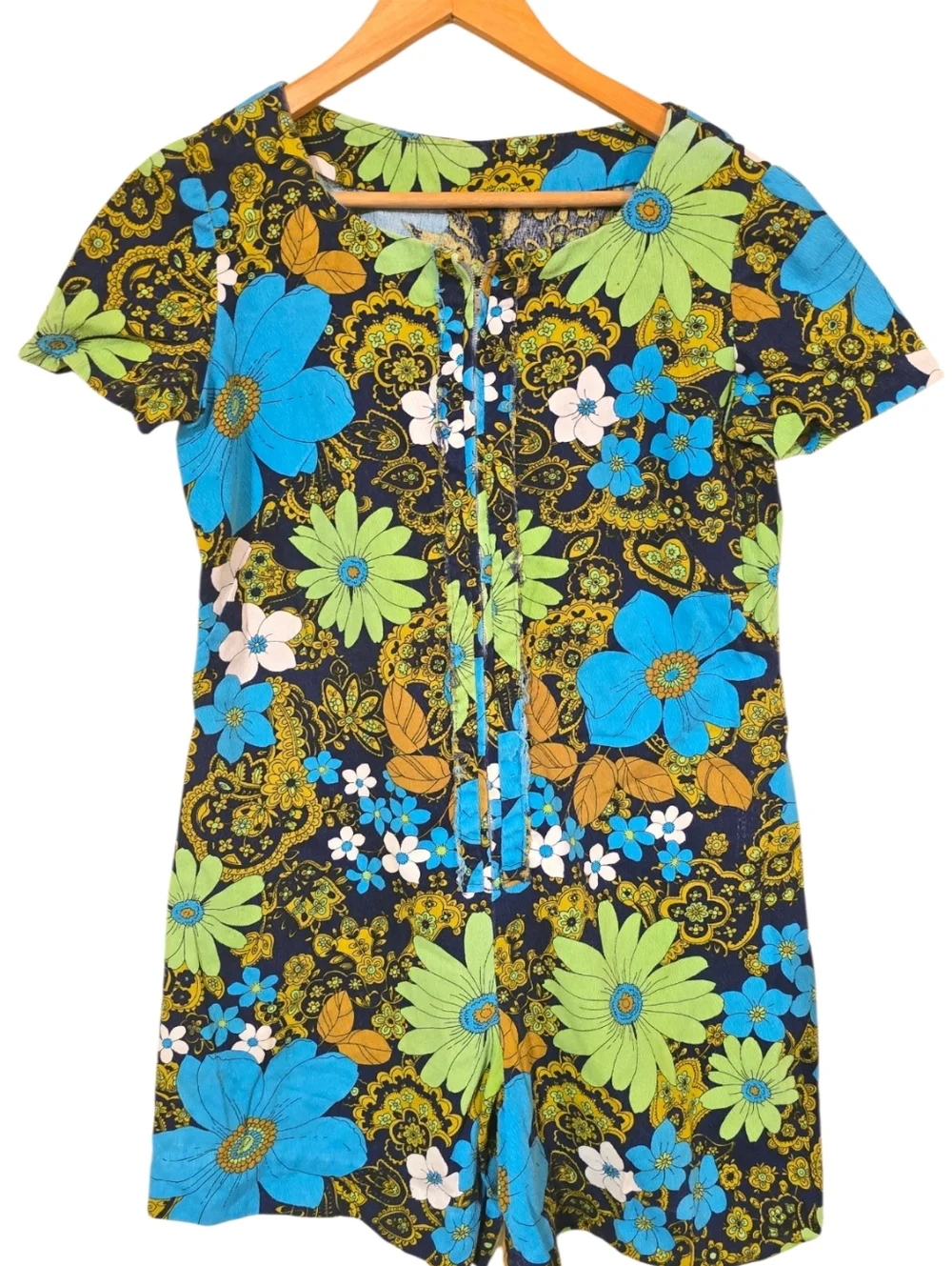 Vintage 70s Floral Romper Psych Mod Hippie Daisy Print Mini Jumpsuit Blue Green - Picture 7 of 15
